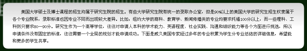 研究生作为一个高等学位，往往对申请人本科的学术能力、英语程度、社会实践、沟通和组织能力等各个方面进行挑选，所以申请条件没有固定的标准，往往需要一个全局的规划才能申请成功。下面是威久美国专家经过多年的专业积累为学生分专业总结的详细信息，希望能和更多的学生共享.