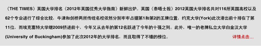 《THE TIMES》英国大学排名《2012年英国优秀大学指南》新鲜出炉。英国《泰晤士报》2012英国大学排名共对116所英国高校以及62个专业进行了综合比较，牛津和剑桥两所传统名校依然分别牢牢占据第1和第2的王牌位置，约克大学(York)此次滑出前十排在了第11位，而埃克塞特大学继2009挤进前十，今年又从去年的第12名跃进了今年的十强之列。此外，唯一的老牌私立大学白金汉大学(University of Buckingham)参加了此次2012年的大学排名，而且取得了不错的榜位。