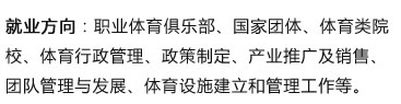 就业方向：职业体育俱乐部、国家团体、体育类院校、体育行政管理、政策制定、产业推广及销售、团队管理与发展、体育设施建立和管理工作等? width=